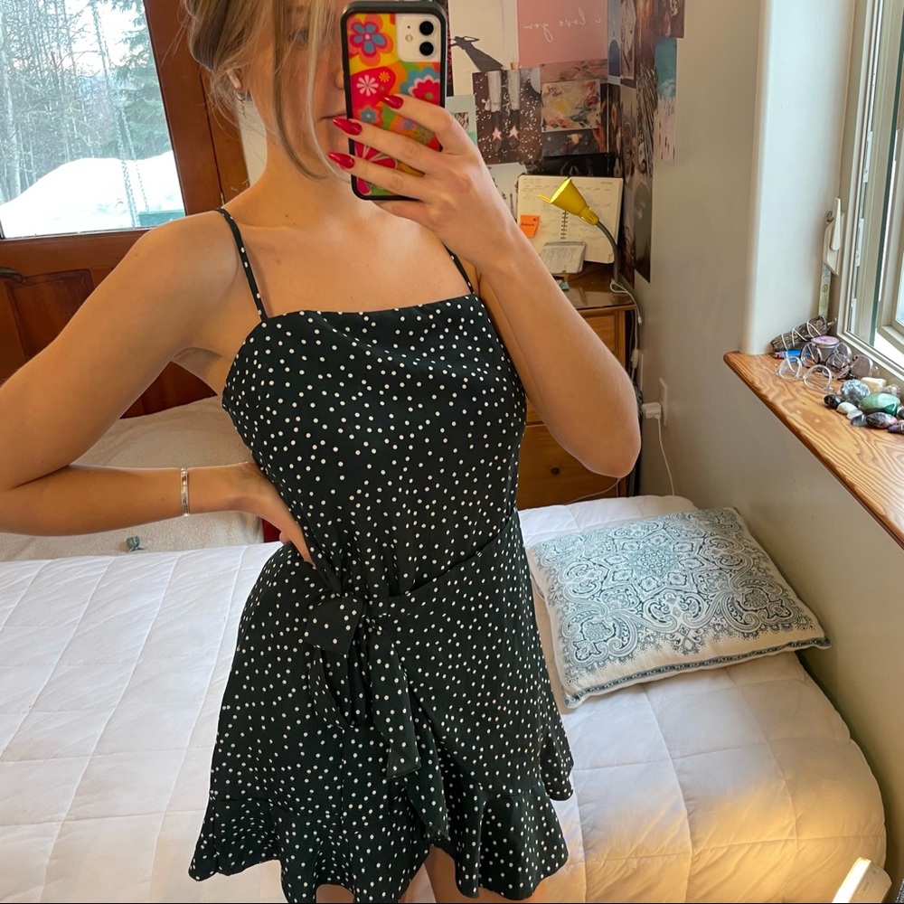 Princess Polly dark green polka dot wrap dress